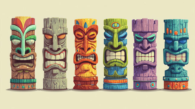 Fototapeta Colorful tiki totem poles expressing different emotions