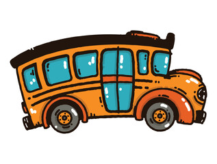 Cute cartoon school bus side view in doodle hand-drawn vector style. Isolated on a white background.
