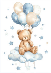 Cute teddy bear flying with balloons on a cloud among stars