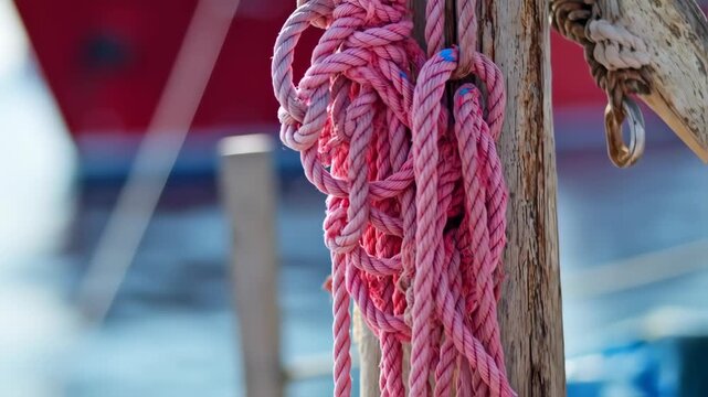 Close-up of tangled pink rope on a weathered wooden post
