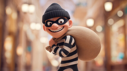 Cartoon thief escaping with stolen goods in shopping mall