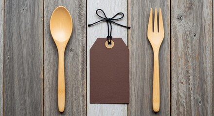 Wooden spoon fork tag on rustic wood table ready for your message