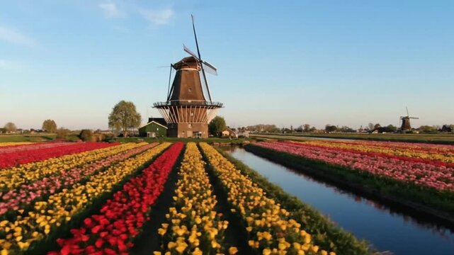 Dutch Tulip Fields and Windmills: A Colorful Spring Landscape