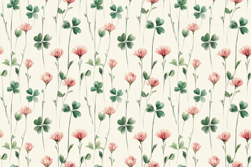 A delicate pattern featuring pink flowers and green clovers on a soft background, ideal for textiles or wallpaper designs.