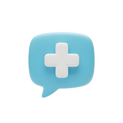 Obraz premium 3D Blue Speech Bubble with White Cross Symbol - Medical Assistance and Health Advice