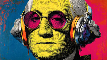 George washington listening to music with headphones and sunglasses