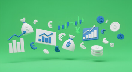Financial growth concept with 3D render of currencies, graphs, and money bags