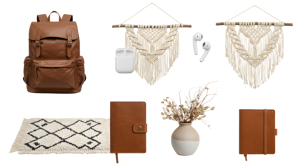 LIFESTYLE - Brown leather backpack with minimalist macram? wall hangings, wireless earbuds, diary, notebook, vase with dried flowers, and patterned rug on white background