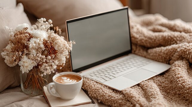 Cozy Work Space with Laptop and Flowers