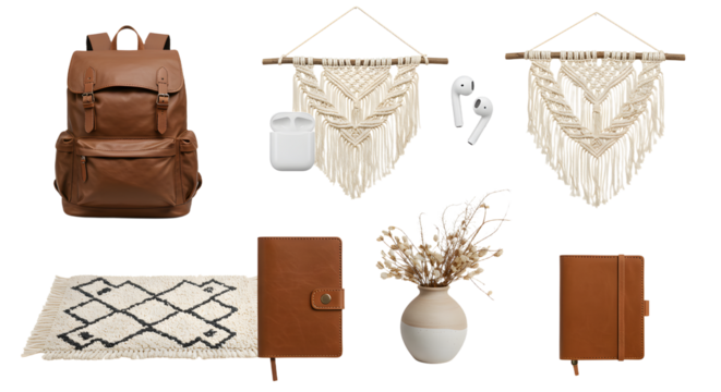 LIFESTYLE - Brown leather backpack with minimalist macram? wall hangings, wireless earbuds, diary, notebook, vase with dried flowers, and patterned rug on white background
