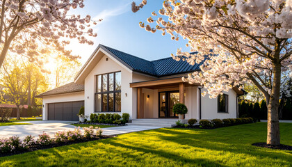 Modern home exterior under springtime cherry blossoms
