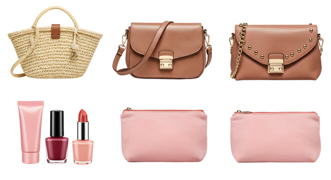 LIFESTYLE - Collection of fashionable women's accessories including straw tote bag, brown leather handbags, pink makeup pouches, lipstick, nail polish, and hand cream - Powered by Adobe
