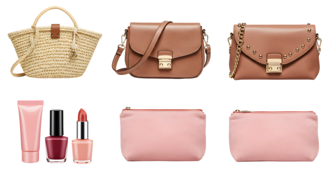 LIFESTYLE - Collection of fashionable women's accessories including straw tote bag, brown leather handbags, pink makeup pouches, lipstick, nail polish, and hand cream - Powered by Adobe