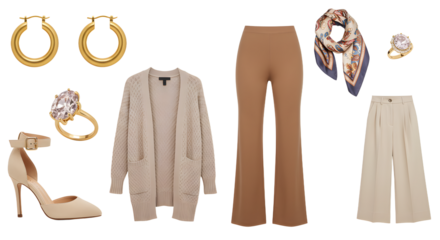 LIFESTYLE - Elegant beige and brown women's fashion outfit including cardigan, wide-leg pants, high heels, hoop earrings, ring, scarf, and bracelet flat lay