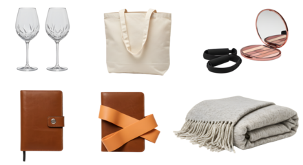 LIFESTYLE - Elegant collection of lifestyle accessories including wine glasses, tote bag, compact makeup, leather wallets, and cozy blanket