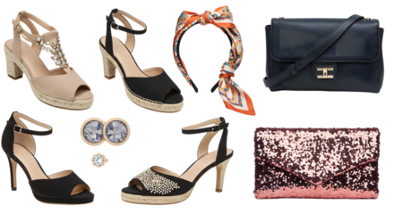 LIFESTYLE - Elegant women's shoes, black and nude high heels with accessories including earrings, scarves, and stylish handbags on white background