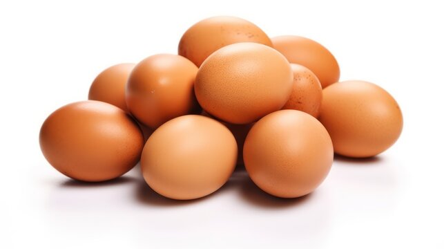 A pile of brown eggs on a white background.