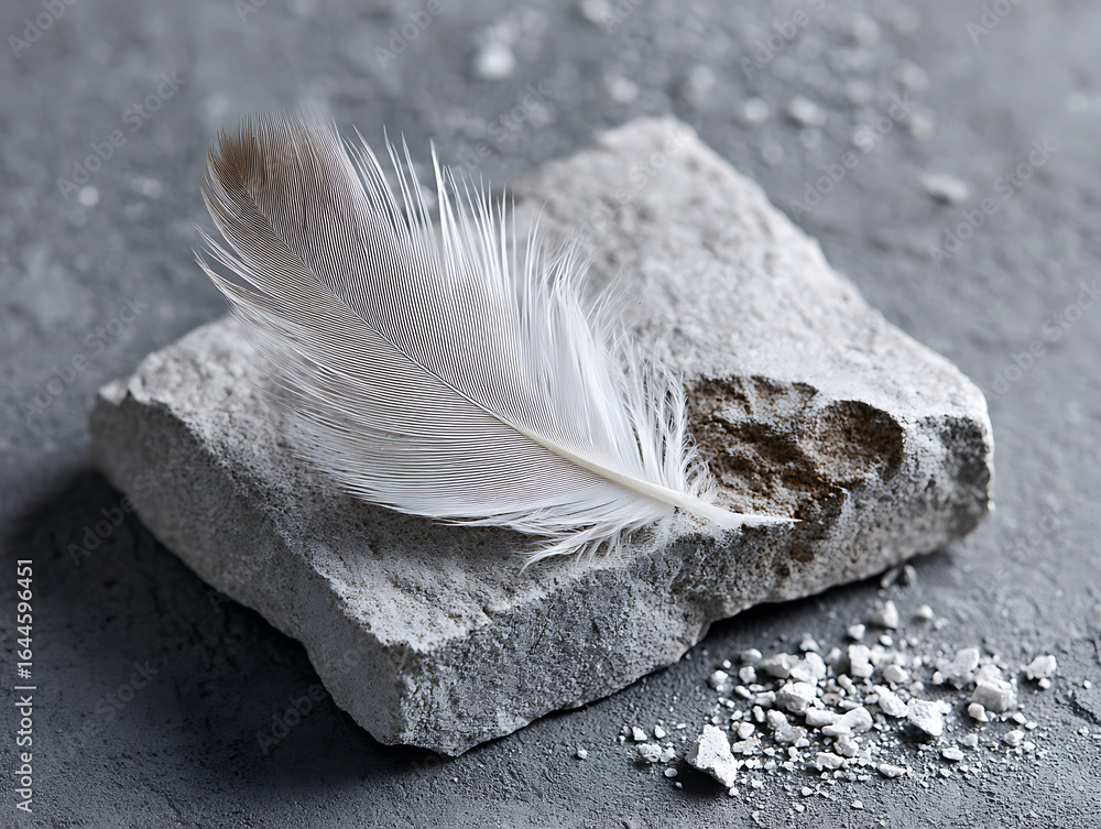 Poster feather resting on a rough concrete surface with fine dust particles in a minimalist setting