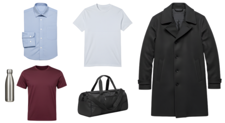 LIFESTYLE - Flat lay of men's casual and formal clothing with accessories including dress shirt, t-shirts, coat, gym bag, and water bottle on white background