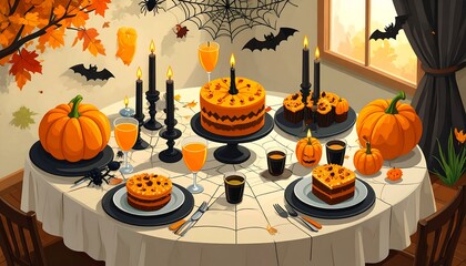 Spooky Halloween party table with pumpkins, cakes, candles, and cobwebs creates festive fall celebration vibes