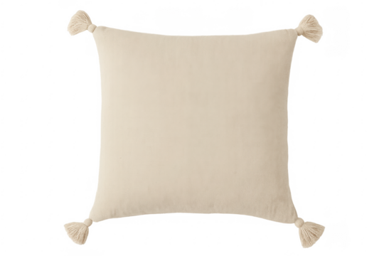 Beige square pillow with tassels isolated on transparent background