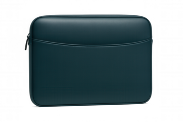 Dark teal laptop sleeve, 3d-rendered, showcasing minimalist design with clean lines against transparent backdrop