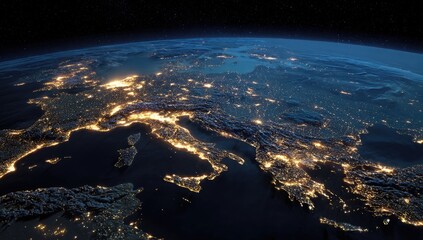 Nighttime satellite view of Europe, showcasing the illuminated coastlines and city lights against the dark expanse of space and ocean