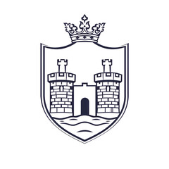 Fototapeta premium Royal emblem featuring two towers within a shield outline, representing nobility and fortress strength.