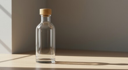 Minimalist clear glass bottle with cork stopper casting a long shadow on a textured surface