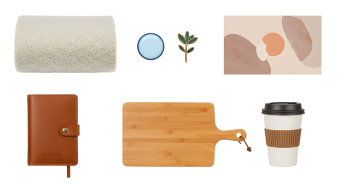 LIFESTYLE - Minimalist flat lay of cozy home essentials featuring towel, coffee cup, wooden cutting board, notebook, mirror, and small plant on white background