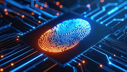 A glowing fingerprint overlaid on a circuit board, representing digital security and access.