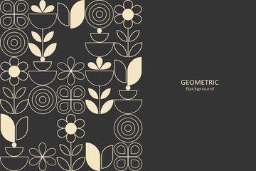 Geometric floral background with beige line art flowers, leaves, and abstract shapes on dark grey with copy space, perfect for retro or minimalist design themes