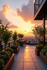 Fototapeta premium Beautiful Cityscape Balcony at Sunset with Lush Greenery and Comfortable Seating