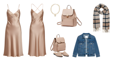 LIFESTYLE - Stylish women's satin slip dress with accessories including beige backpack, matching sandals, pearl necklace, plaid scarf, and denim jacket for casual elegant look