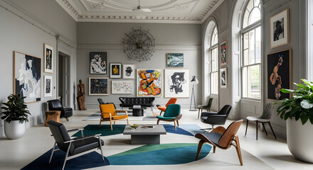 Luxurious lounge blending classic architecture with eclectic midcentury modern furniture and a curated contemporary art collection.