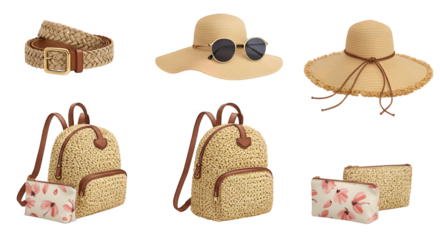 LIFESTYLE - Summer fashion accessories collection featuring straw backpacks, wide-brimmed hats with sunglasses, woven belt, and floral cosmetic pouches on white background