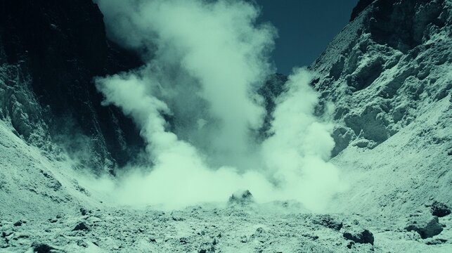 Volcanic vent with billowing steam. Steep, rocky mountains surround a steaming crater