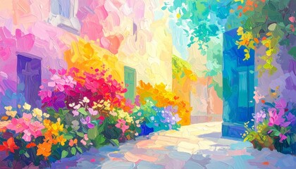 A vibrant, impressionistic painting of a colorful European street scene, with flowers and buildings.