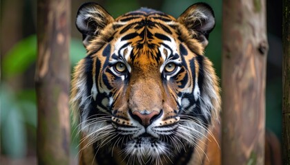 Fototapeta premium Close-up portrait of a tiger, showcasing its striking markings and intense gaze in a lush forest setting.