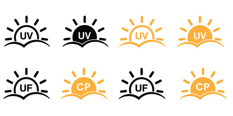 Ultraviolet Rays Silhouette Yellow Icon. Sunblock Protection Defense Skin Care Icon. Sunshine protection symbols, UV, UF, and CP sun icons for sunscreen and skincare products
