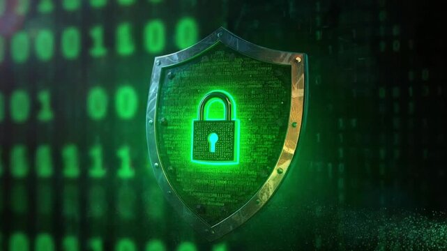 Cybersecurity Shield with Binary Code Background