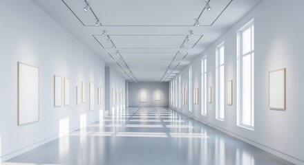 Long, Bright, Minimalist White Art Gallery with Empty Frames and Sunlight Streaming Through Windows