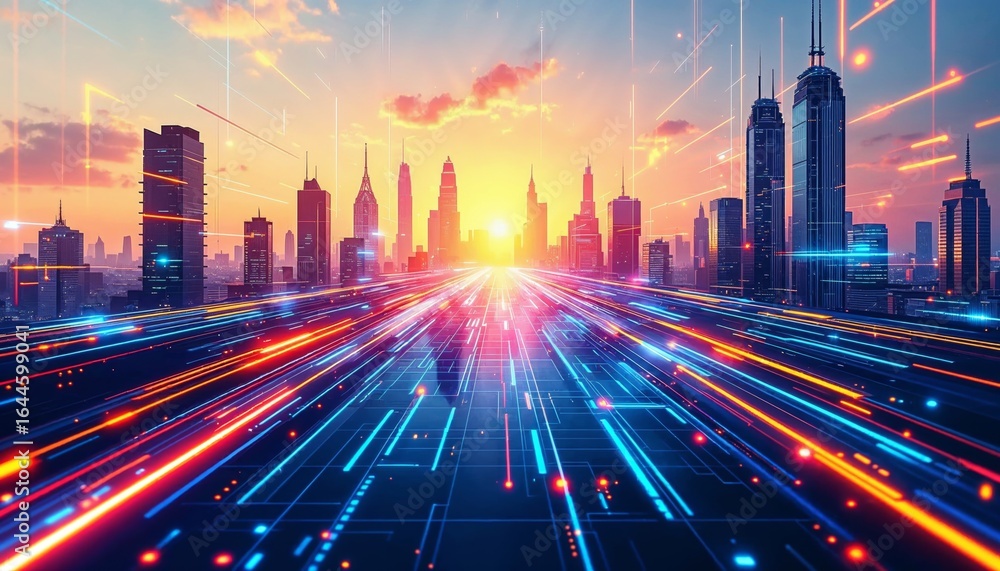 Poster abstract geometric matrix lines in a dynamic tech cityscape at sunset with vibrant colors and futuri