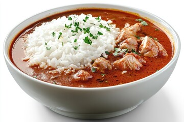 A white bowl filled with a rich, reddish-orange chicken curry served over a mound of fluffy white rice, garnished with fresh parsley