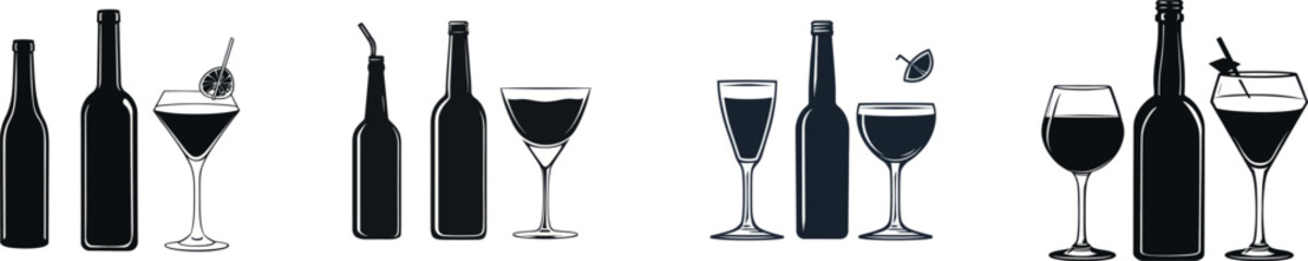 Cocktail and drinking glasses and bottles as depicted in a modern illustration