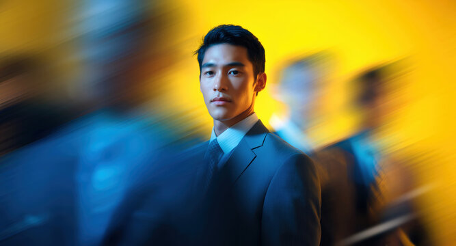 Confident Asian man in suit standing amid moving business people with yellow and blue motion blur effect