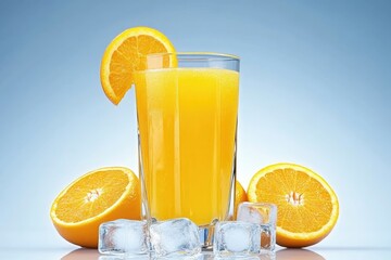 A tall glass of chilled orange juice, garnished with an orange slice, sits on a reflective surface amongst ice cubes and two orange halves against a light blue backdrop