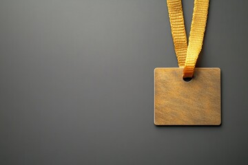 A blank, rectangular, bronze-toned name tag hangs from a yellow lanyard against a dark gray background; simple, minimalist design