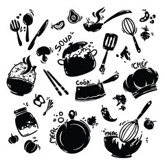 Doodle kitchen utensil set in hand-drawn vector style. Isolated on a white background.