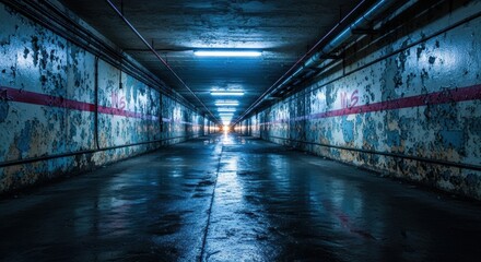 Obraz premium Eerie Long and Wet Concrete Tunnel with Peeling Paint and Glowing Blue Fluorescent Lights, Urban Decay